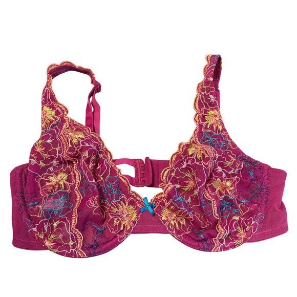 Free People Lace Underwire Bra Floral Embroidery 34DD Fuchsia & Multicolor - Picture 2 of 4